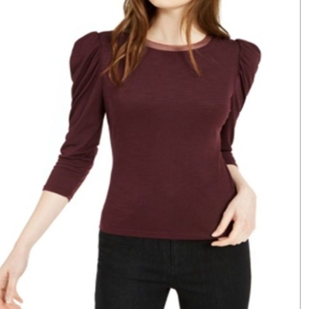 bar III Mesh Neck Trim Puff Quarter Sleeves Top in Deep Merlot NWOT‎